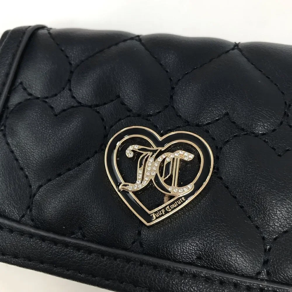 Juicy Couture Black Heart Quilted Monogram Heart Card Case Mini Snap Wallet